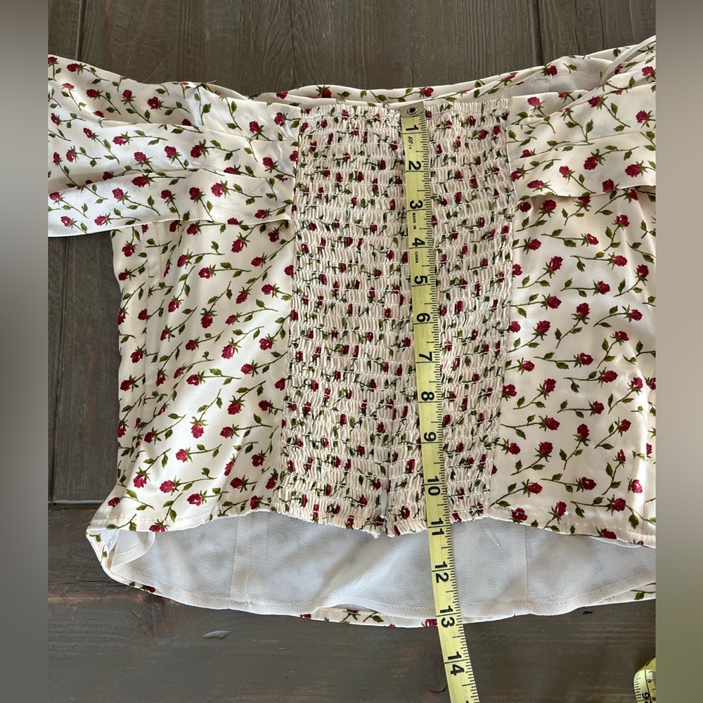 Reformation Madison Top - Silk Cream w/Floral Print Off Shoulder - Picture 13 of 16